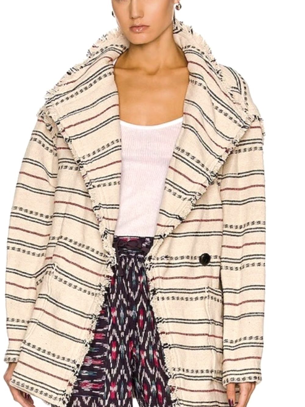 ISABEL MARANT Aztec Cream Striped Fringe-Trim Trench Coat Sz 36/6 NWT $680!!